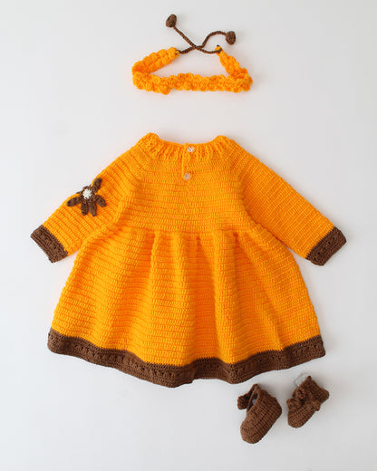 Woonie Orange Dress With Headband & Booties-Solid-Acrylic Handmade-For Infants