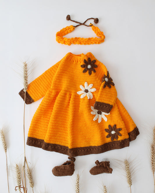 Woonie Orange Dress With Headband & Booties-Solid-Acrylic Handmade-For Infants