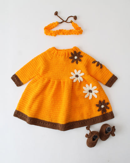 Woonie Orange Dress With Headband & Booties-Solid-Acrylic Handmade-For Infants