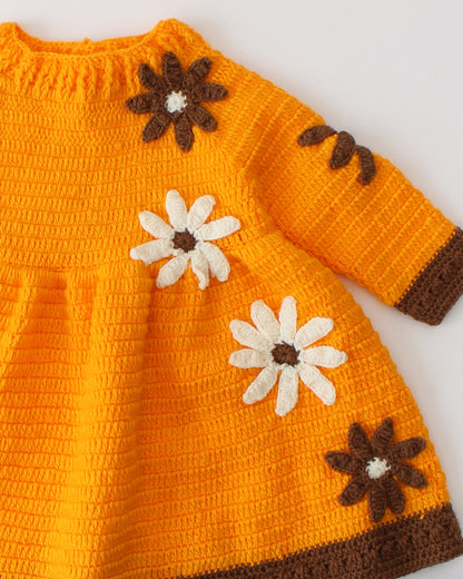 Woonie Orange Dress With Headband & Booties-Solid-Acrylic Handmade-For Infants