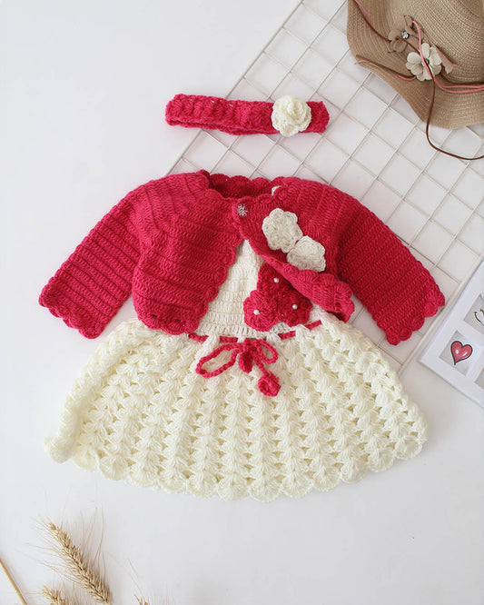 Woonie Red & White Dress With Cardigan-Embroidered-Acrylic Handmade-For Infants