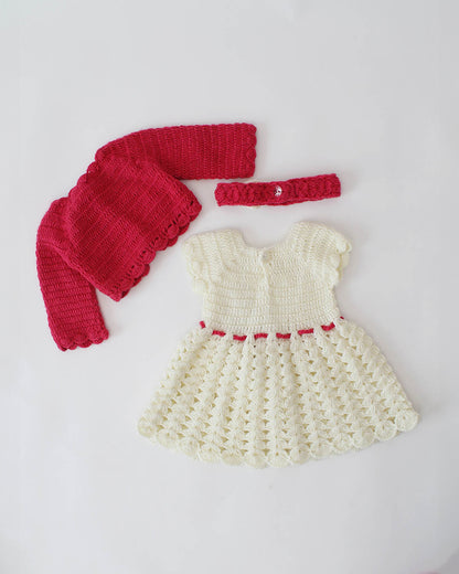 Woonie Red & White Dress With Cardigan-Embroidered-Acrylic Handmade-For Infants