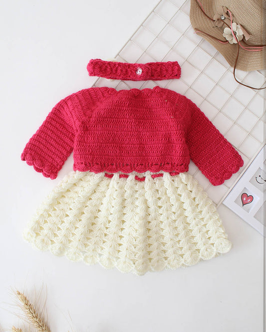 Woonie Red & White Dress With Cardigan-Embroidered-Acrylic Handmade-For Infants