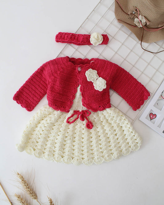 Woonie Red & White Dress With Cardigan-Embroidered-Acrylic Handmade-For Infants