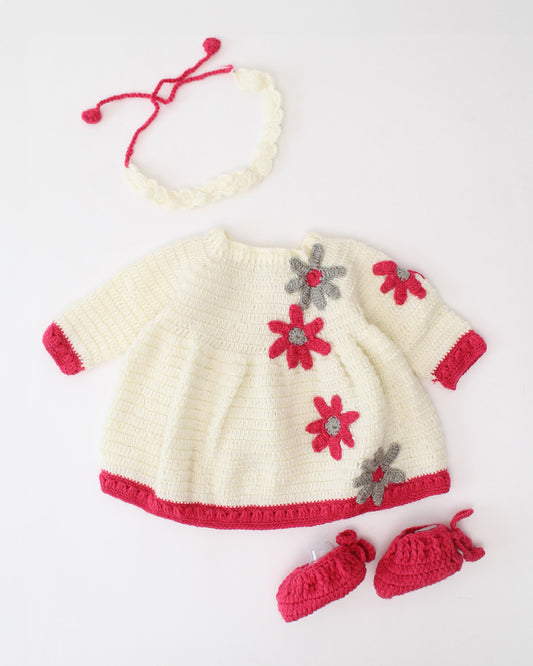 Woonie Red & White Dress With Headband & Booties-Embroidered-Acrylic Handmade-For Infants