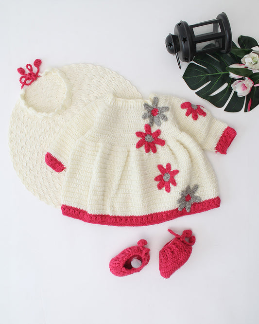 Woonie Red & White Dress With Headband & Booties-Embroidered-Acrylic Handmade-For Infants