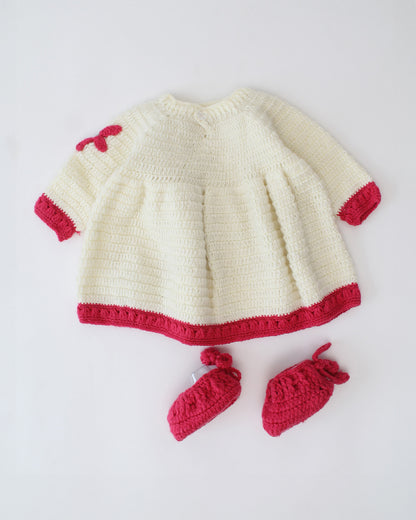 Woonie Red & White Dress With Headband & Booties-Embroidered-Acrylic Handmade-For Infants