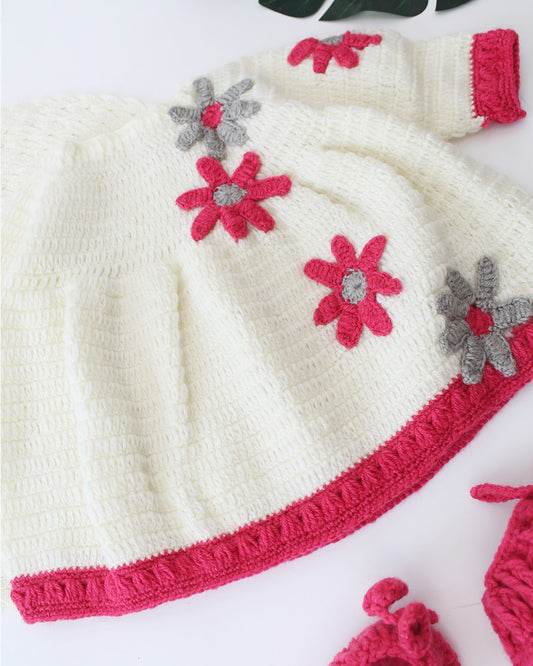 Woonie Red & White Dress With Headband & Booties-Embroidered-Acrylic Handmade-For Infants