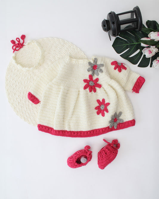 Woonie Red & White Dress With Headband & Booties-Embroidered-Acrylic Handmade-For Infants