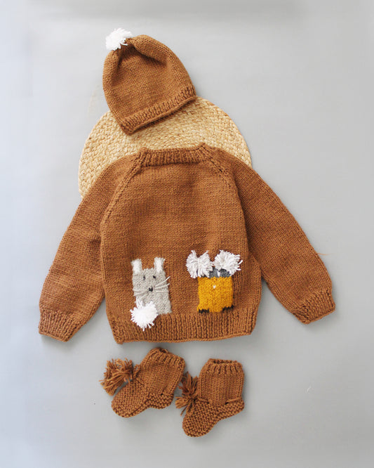 Woonie Brown Sweater With Cap-Embroidered-Acrylic Handmade-For Infants