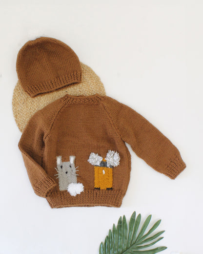 Woonie Brown Sweater With Cap-Embroidered-Acrylic Handmade-For Infants