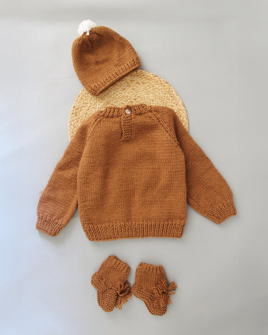 Woonie Brown Sweater With Cap-Embroidered-Acrylic Handmade-For Infants