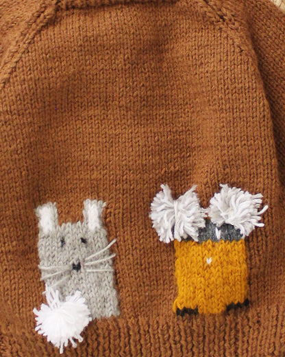 Woonie Brown Sweater With Cap-Embroidered-Acrylic Handmade-For Infants