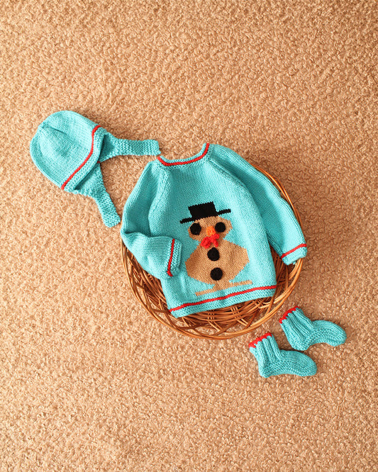 Woonie Cyan Blue Sweater With Cap & Booties-Embroidered-Acrylic Handknitted-For Infants
