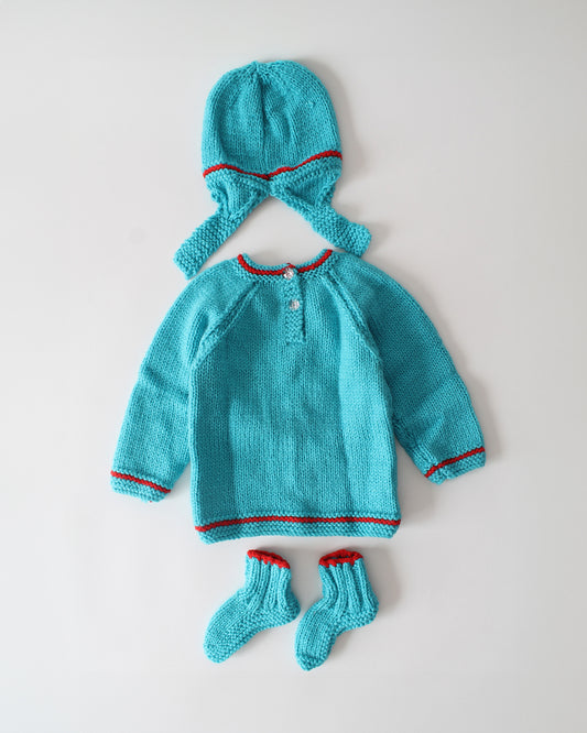 Woonie Cyan Blue Sweater With Cap & Booties-Embroidered-Acrylic Handknitted-For Infants