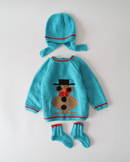 Woonie Cyan Blue Sweater With Cap & Booties-Embroidered-Acrylic Handknitted-For Infants
