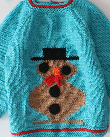 Woonie Cyan Blue Sweater With Cap & Booties-Embroidered-Acrylic Handknitted-For Infants
