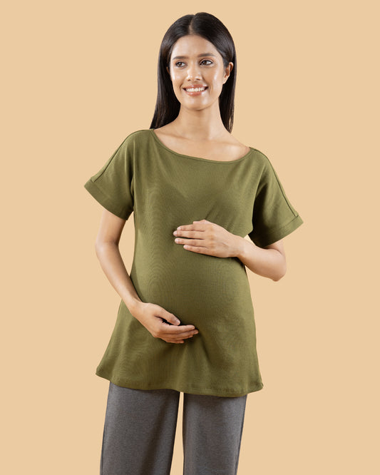 Wobbly Walk Forest Green Maternity Top-Solid Color-Cotton Rib-Bump Friendly