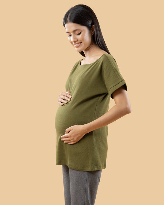 Wobbly Walk Forest Green Maternity Top-Solid Color-Cotton Rib-Bump Friendly