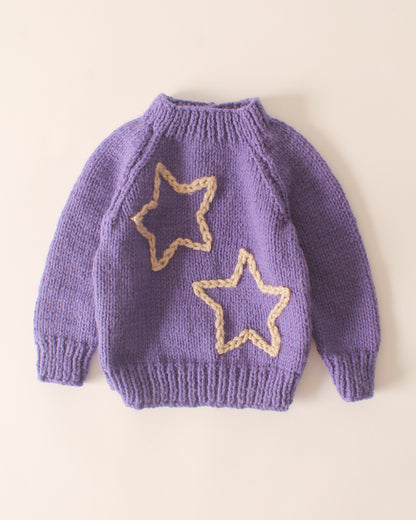 Woonie Violet Sweater-Star Embroidered-Acrylic Handmade-For Infants