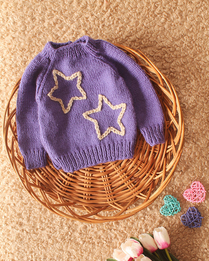 Woonie Violet Sweater-Star Embroidered-Acrylic Handmade-For Infants