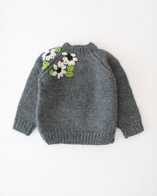 Woonie Dark Grey Sweater-Floral Embroidered-Acrylic Handmade-For Infants