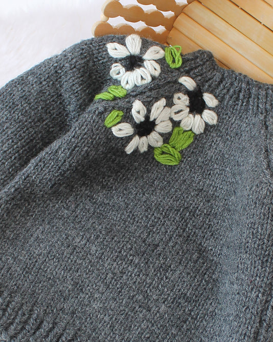 Woonie Dark Grey Sweater-Floral Embroidered-Acrylic Handmade-For Infants