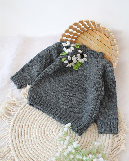 Woonie Dark Grey Sweater-Floral Embroidered-Acrylic Handmade-For Infants