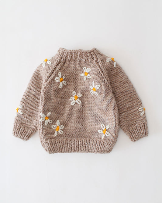 Woonie Beige Sweater-Daisy Embroidered-Acrylic Handmade-For Infants