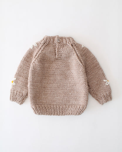 Woonie Beige Sweater-Daisy Embroidered-Acrylic Handmade-For Infants