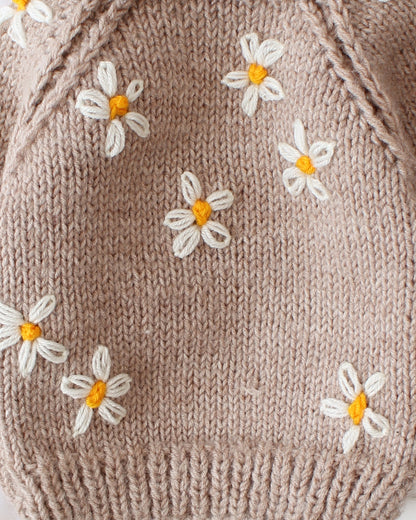 Woonie Beige Sweater-Daisy Embroidered-Acrylic Handmade-For Infants