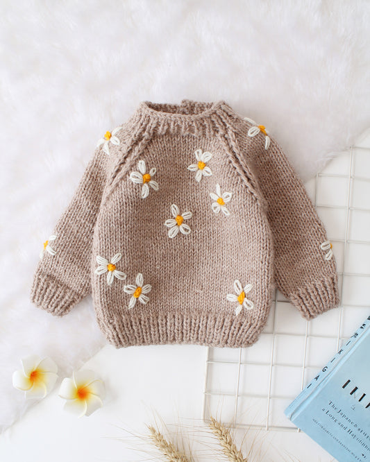 Woonie Beige Sweater-Daisy Embroidered-Acrylic Handmade-For Infants