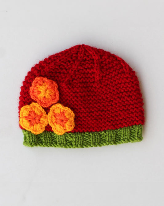 Woonie Crimson Red Cap- Floral Embroidered-Acrylic Handmade-For Infants