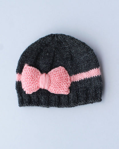 Woonie Grey & Pink Cap-Knitted-Acrylic Handmade-For Infants