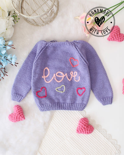 Woonie Lavender Sweater-Love Embroidered-Acrylic Handmade-For Infants