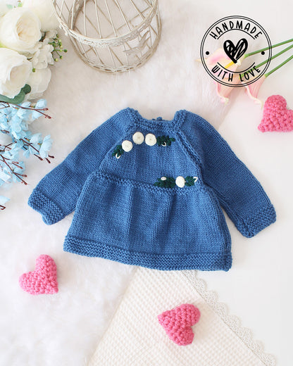 Woonie Blue Dress-Embroidered-Acrylic Handmade-For Infants