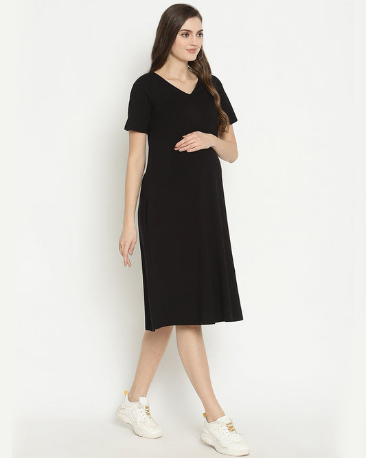 Wobbly Walk Black Maternity Nighty-V Neck-Solid Color-Cotton-Bump Friendly