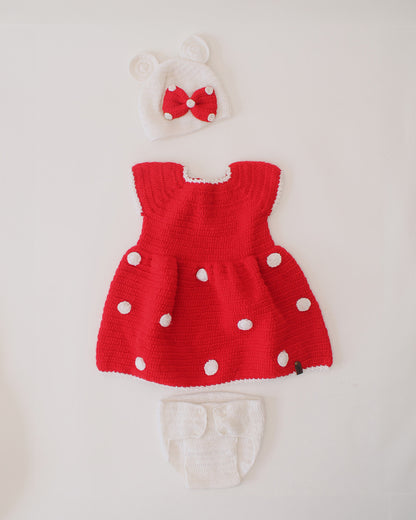 Woonie Red & White Frock With Cap & Nappy-Polka Dots-Acrylic Handmade-For Infants