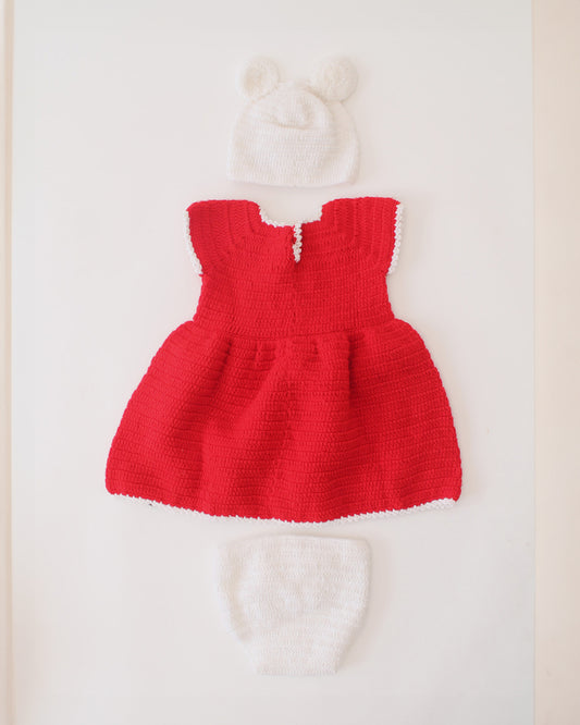 Woonie Red & White Frock With Cap & Nappy-Polka Dots-Acrylic Handmade-For Infants