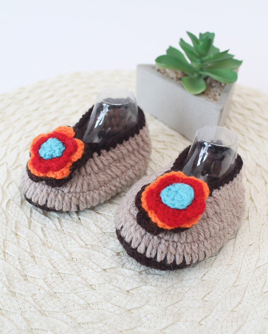 Woonie Beige Booties-Solid-Acrylic Handmade-For Infants