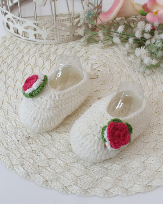 Woonie Cream Booties-Floral Embroidered-Acrylic Handmade-For Infants