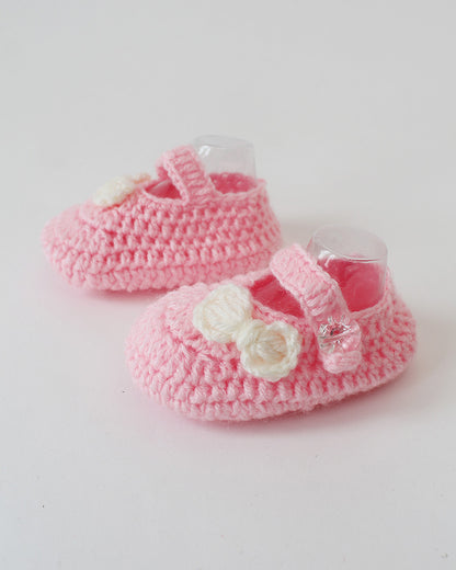 Woonie Pink Booties-Embroidered-Acrylic Handmade-For Infants