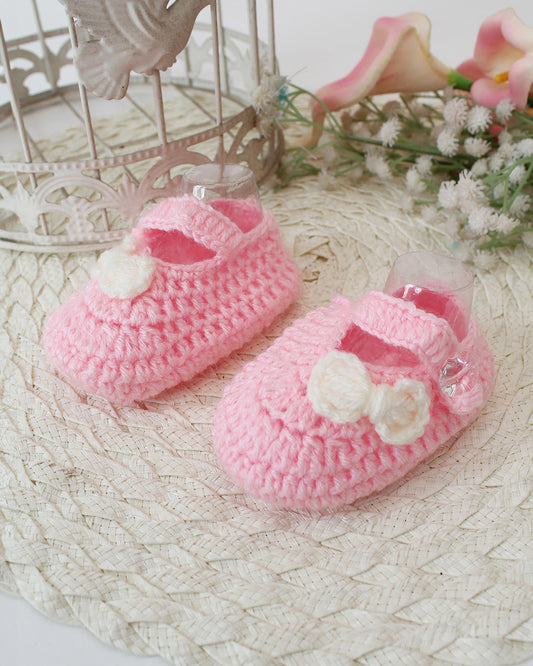 Woonie Pink Booties-Embroidered-Acrylic Handmade-For Infants