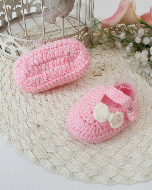 Woonie Pink Booties-Embroidered-Acrylic Handmade-For Infants