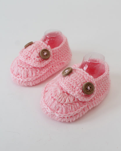 Woonie Pastel Pink Booties-Embroidered-Acrylic Handmade-For Infants