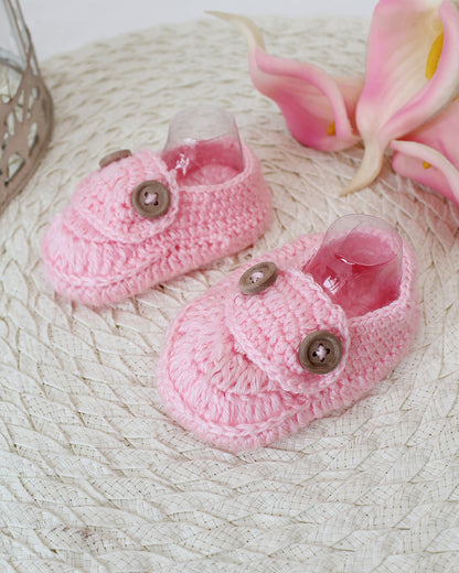 Woonie Pastel Pink Booties-Embroidered-Acrylic Handmade-For Infants