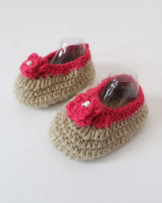 Woonie Beige & Pink Booties-Embroidered-Acrylic Handmade-For Infants