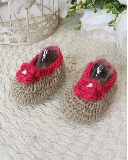 Woonie Beige & Pink Booties-Embroidered-Acrylic Handmade-For Infants