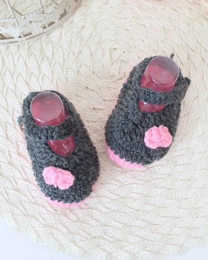 Woonie Grey & Pink Booties-Bow Embroidered-Acrylic Handmade-For Infants