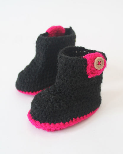 Woonie Black Booties-Embroidered-Acrylic Handmade-For Infants